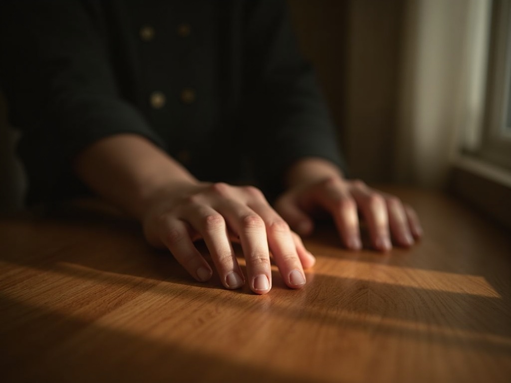 hands resting gently on a wooden table, soft warm light, quiet domestic stillness, deep navy shadows at edges