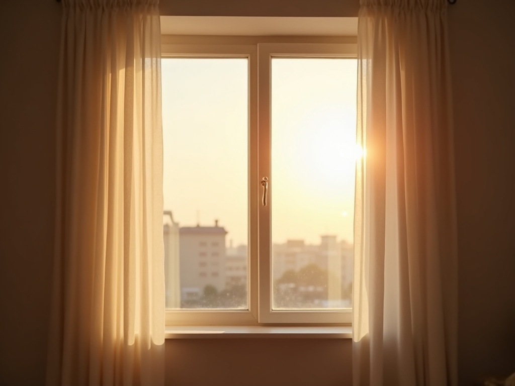 window view of early morning sky, warm cream light, calm new beginning feeling, subtle hope