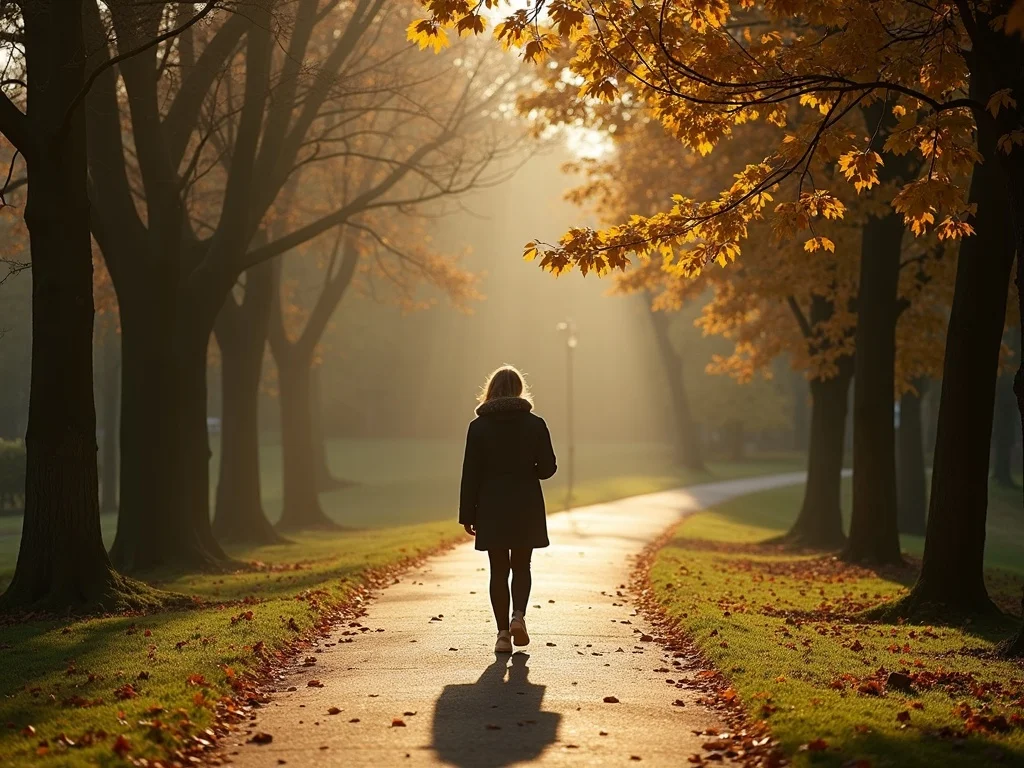 A person walking on a quiet path through a park, warm autumn light, beige and cr